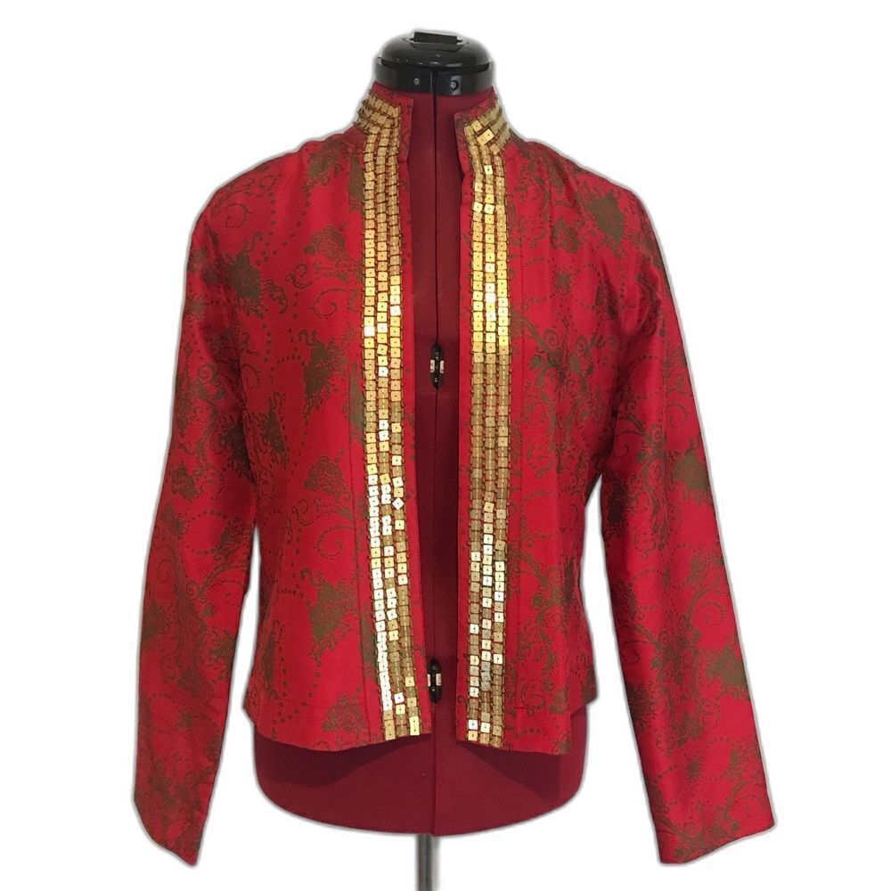 Chico's 100% Silk Jacket Size Small Red Open Front Gold Sequins Long Sleeves